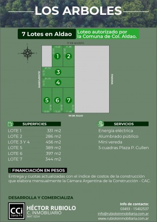 7 LOTES EN COLONIA ALDAO (Dpto.Castellanos) - 5 CUADRAS DE LA PLAZA