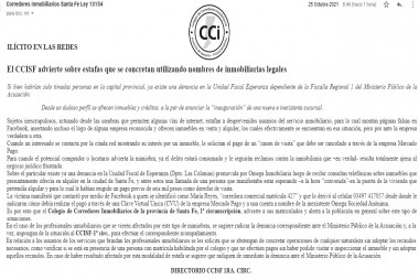 25 OCTUBRE 2021 - ILICITO EN LAS REDES. El CCISF advierte sobre estafas que se concretan utilizando nombres de inmobiliarias legales